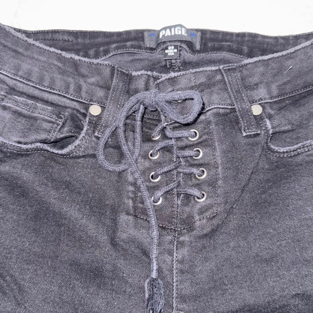 PAIGE Colette Crop Flare Jeans‎ 26 Black Lace Up Raw Hem Boho Festival Pants